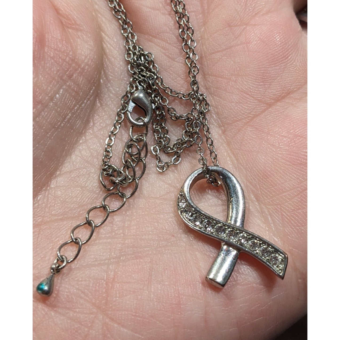 Elegant Ribbon Pendant Silver Tone With Rhinestone Accents