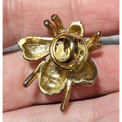 Vintage Gold Tone Rhinestone  Bee Lapel Pin