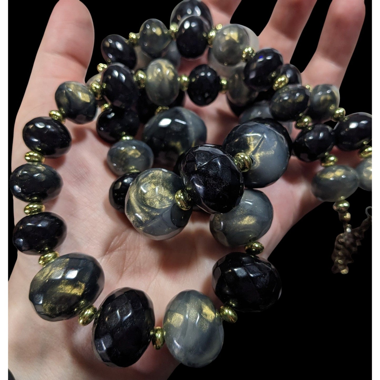 Whimsical Black And Grey Acrylic Beaded Necklace With Gold Tone Shimmer