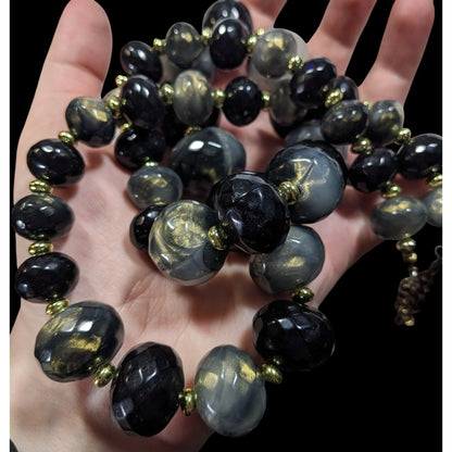 Whimsical Black And Grey Acrylic Beaded Necklace With Gold Tone Shimmer