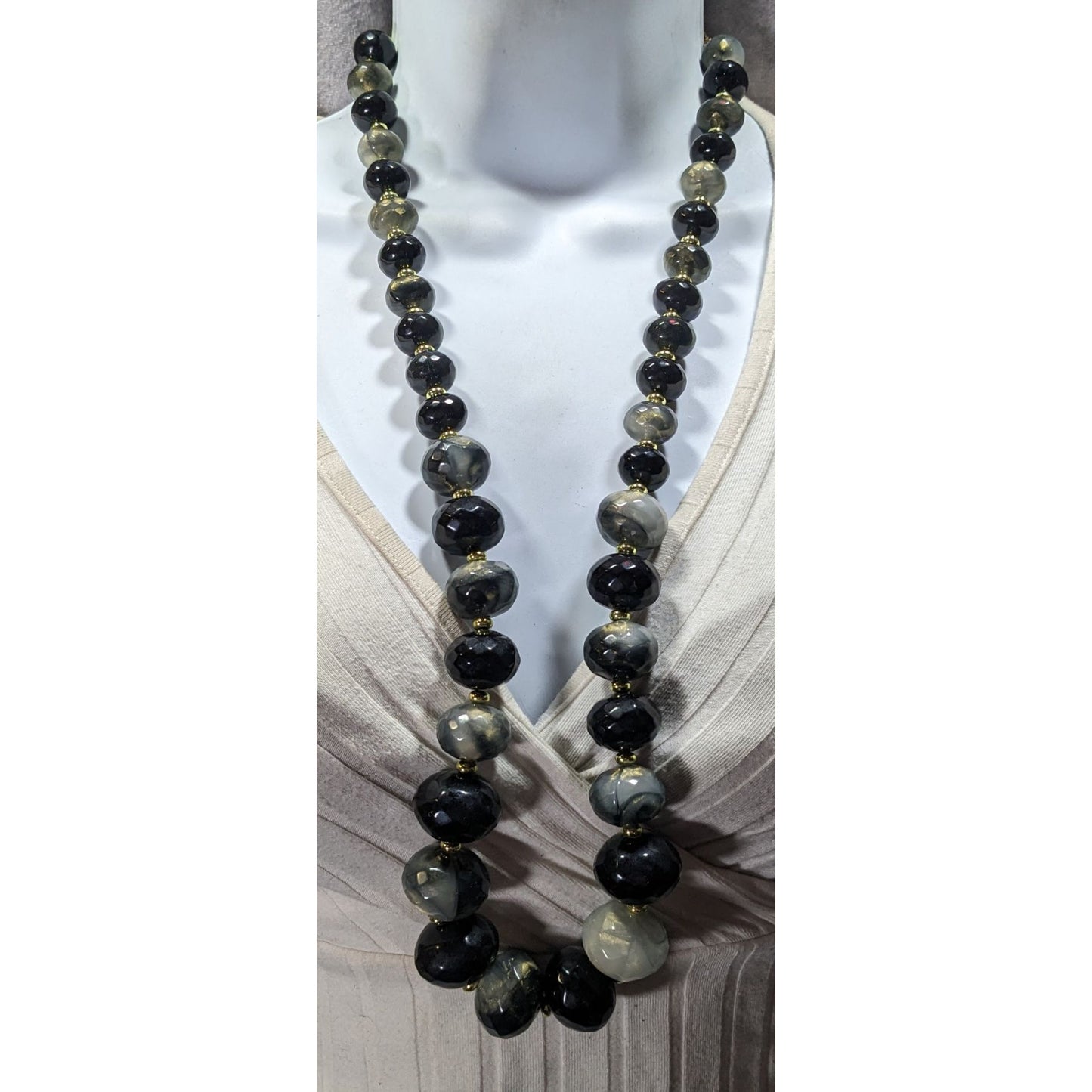 Whimsical Black And Grey Acrylic Beaded Necklace With Gold Tone Shimmer