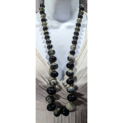 Whimsical Black And Grey Acrylic Beaded Necklace With Gold Tone Shimmer