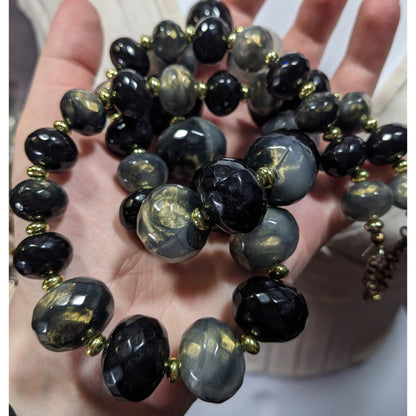 Whimsical Black And Grey Acrylic Beaded Necklace With Gold Tone Shimmer