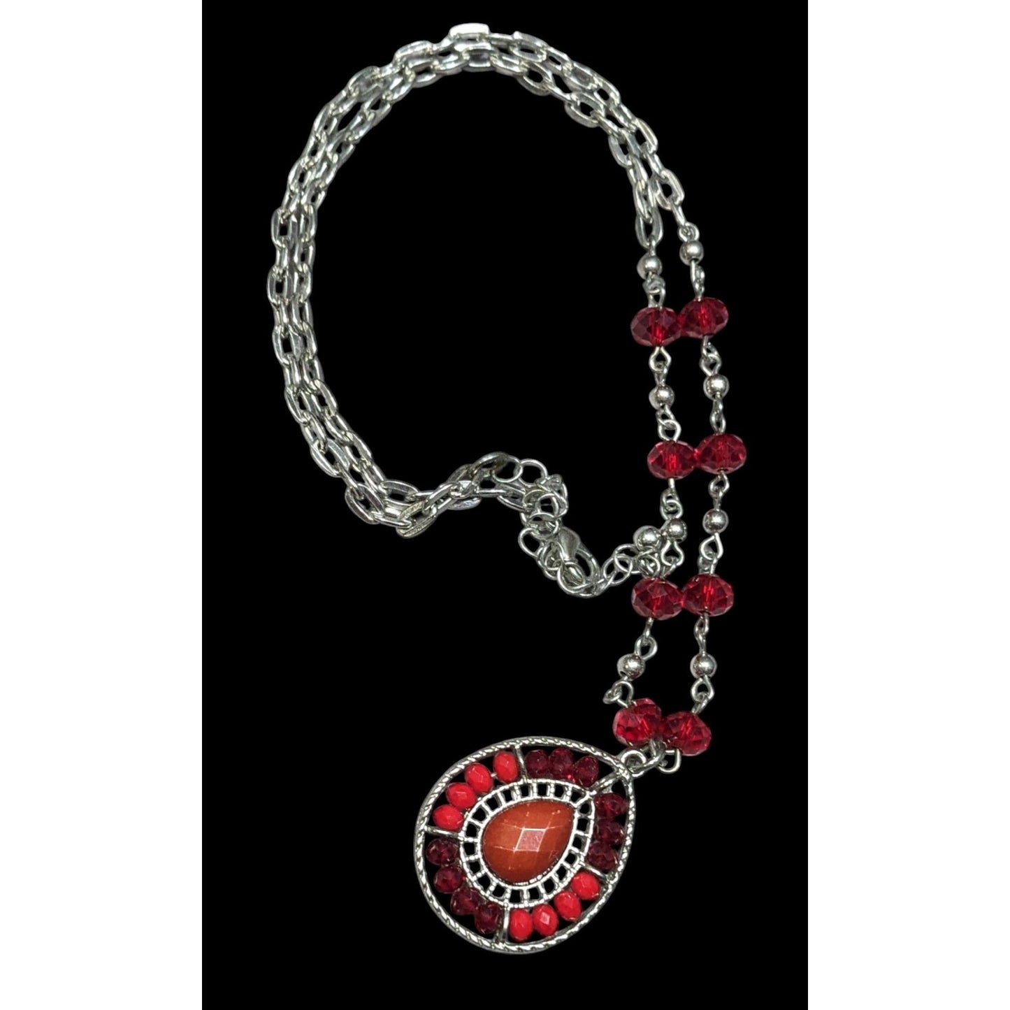 Bohemian Teardrop Necklace Red And Silver Tone