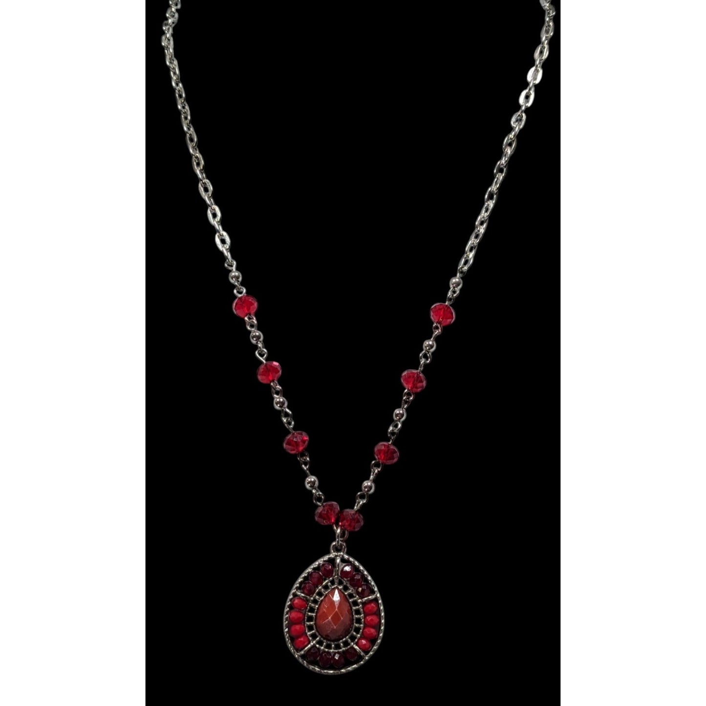 Bohemian Teardrop Necklace Red And Silver Tone