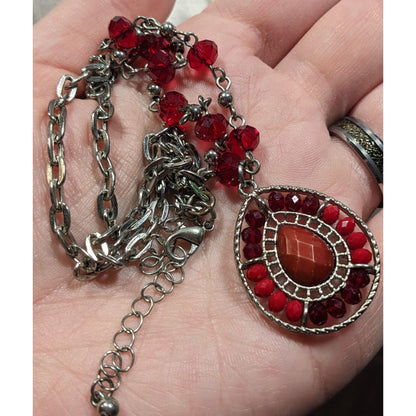 Bohemian Teardrop Necklace Red And Silver Tone