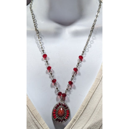 Bohemian Teardrop Necklace Red And Silver Tone