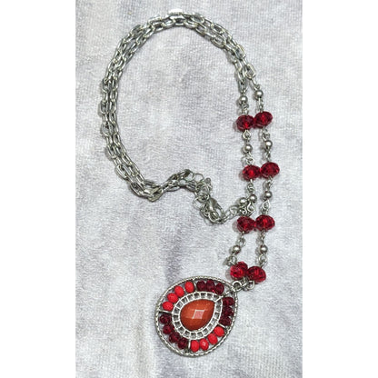 Bohemian Teardrop Necklace Red And Silver Tone