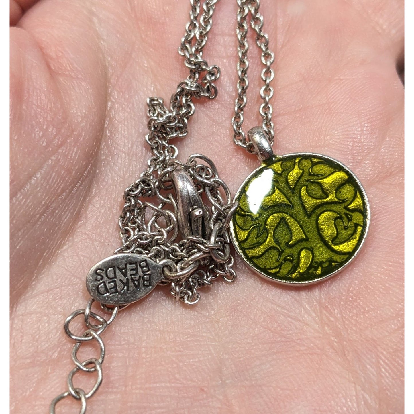 Baked Beads Floral Reversible Green And Silver Tone Pendant Necklace