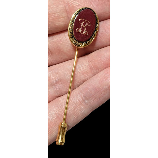 Vintage Gold Tone Maroon Inlay B Initial Stick Pin