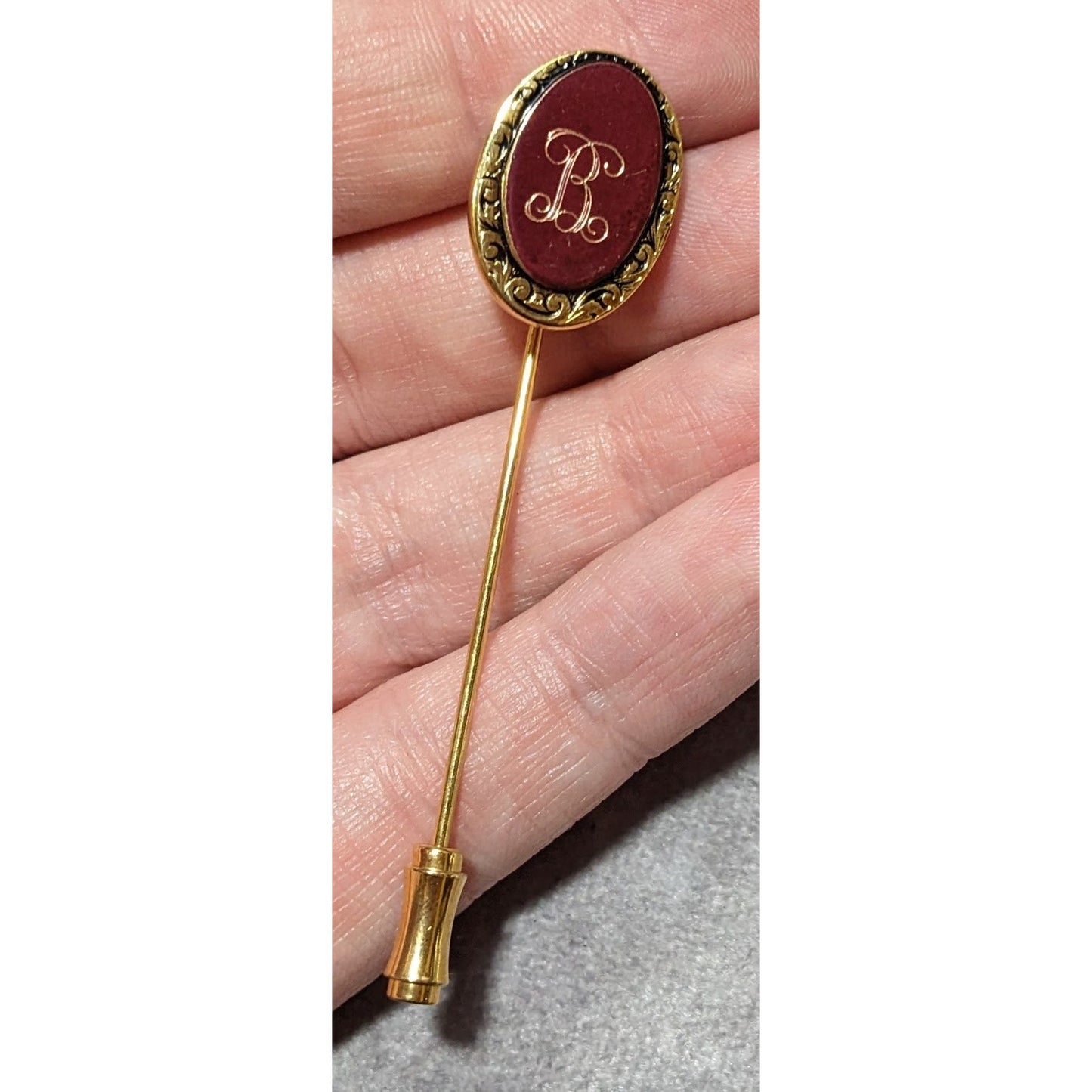 Vintage Gold Tone Maroon Inlay B Initial Stick Pin