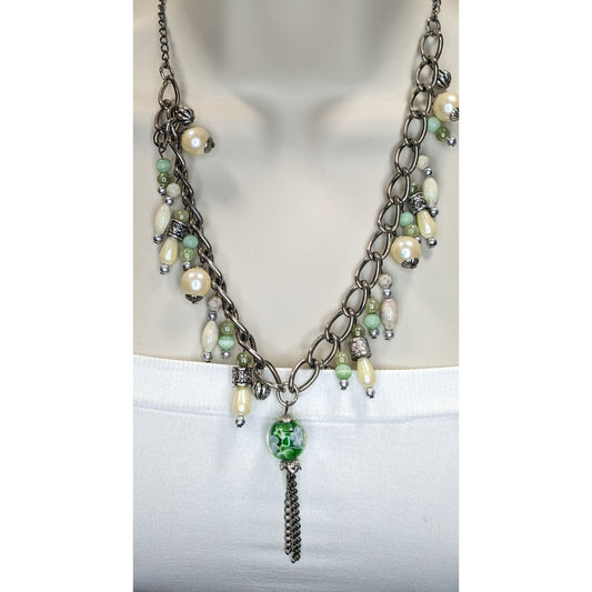 Handmade Beaded Charm Necklace Green Floral Glass Pendant Cottagecore Boho Fairycore