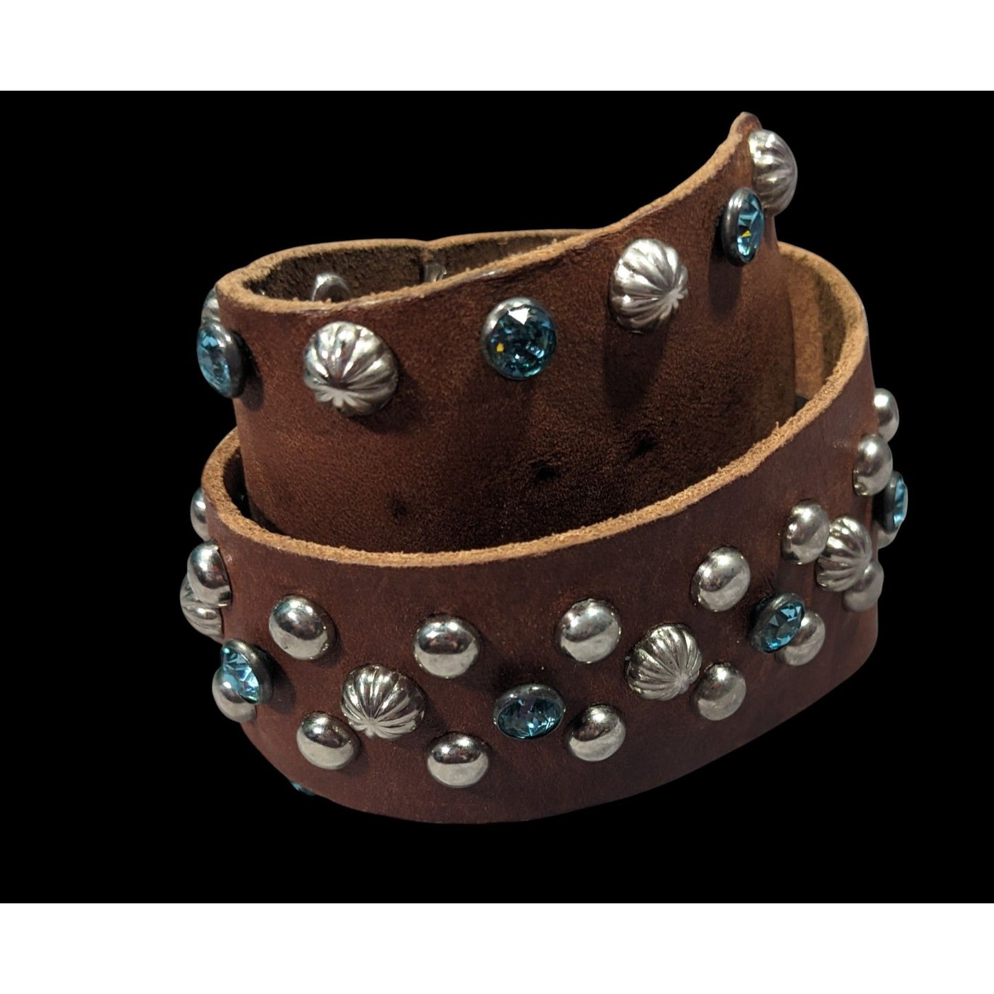 Handmade Western Glam Tapered Leather Wrap Bracelet With Studs And Rhinestones