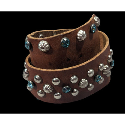 Handmade Western Glam Tapered Leather Wrap Bracelet With Studs And Rhinestones
