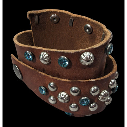 Handmade Western Glam Tapered Leather Wrap Bracelet With Studs And Rhinestones