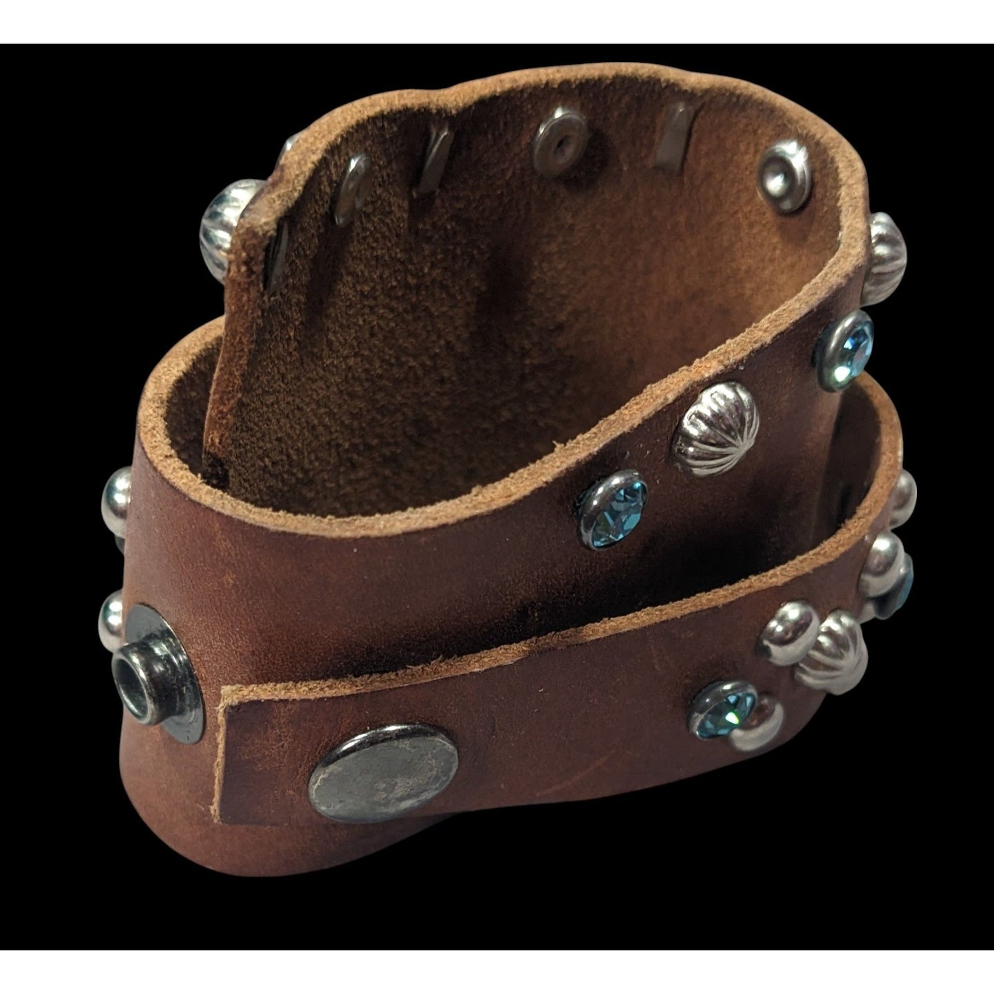 Handmade Western Glam Tapered Leather Wrap Bracelet With Studs And Rhinestones