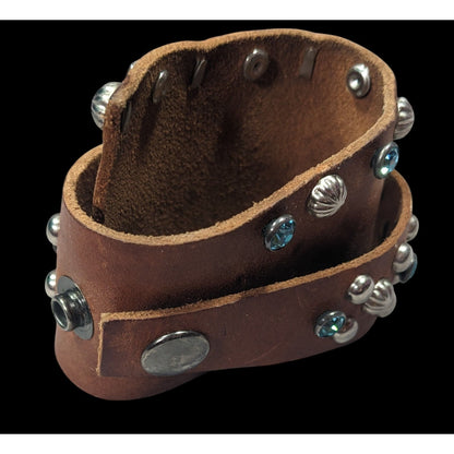Handmade Western Glam Tapered Leather Wrap Bracelet With Studs And Rhinestones