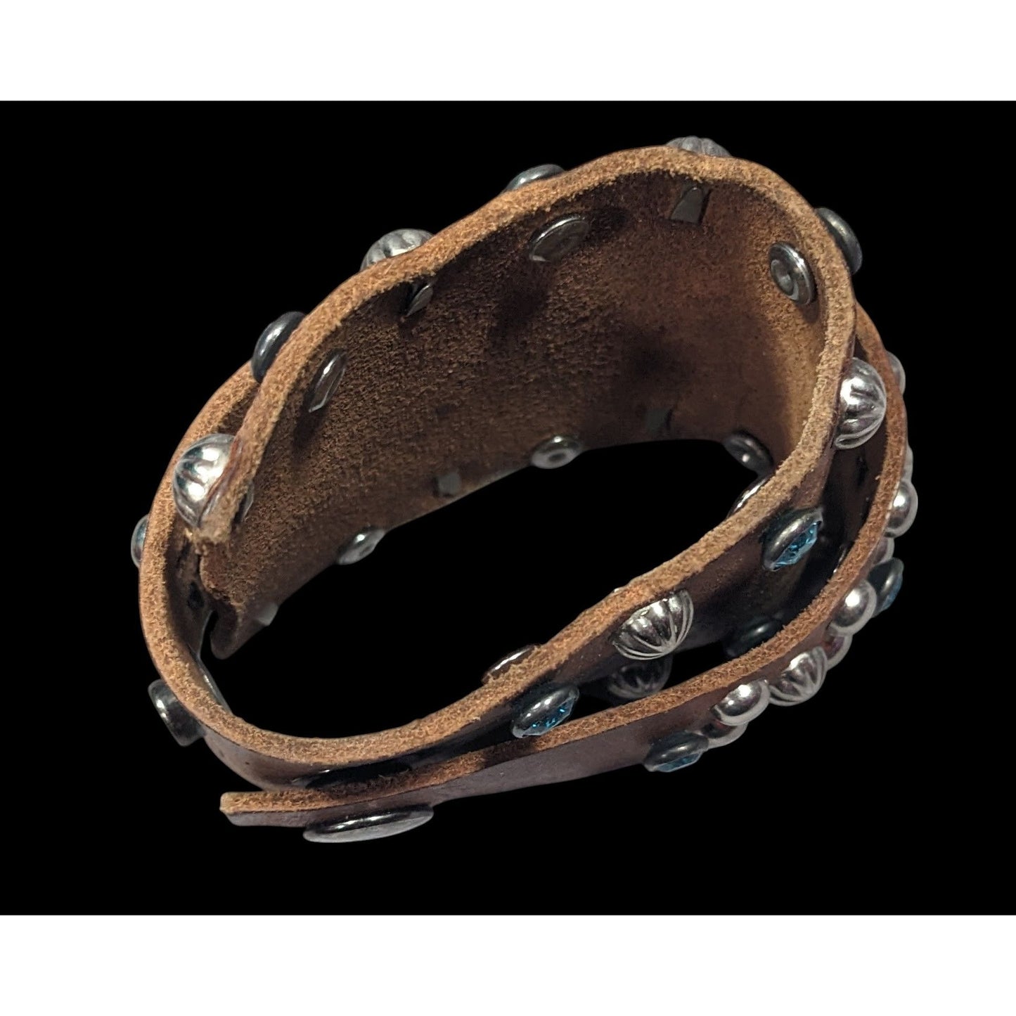 Handmade Western Glam Tapered Leather Wrap Bracelet With Studs And Rhinestones