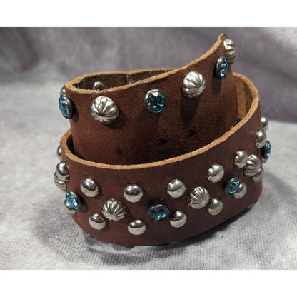 Handmade Western Glam Tapered Leather Wrap Bracelet With Studs And Rhinestones