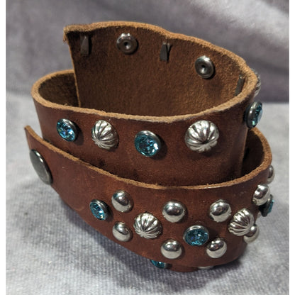 Handmade Western Glam Tapered Leather Wrap Bracelet With Studs And Rhinestones