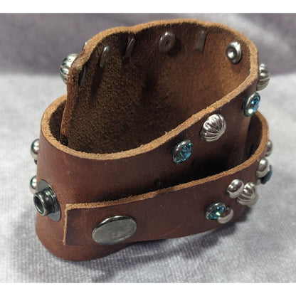 Handmade Western Glam Tapered Leather Wrap Bracelet With Studs And Rhinestones