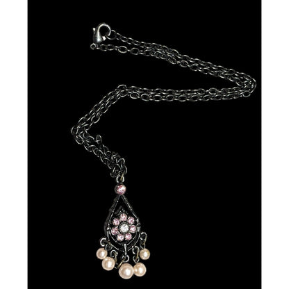 Vintage Whimsygoth Black Chain Necklace With Pink Rhinestone Flower Pendant & Dangling Faux Pearls