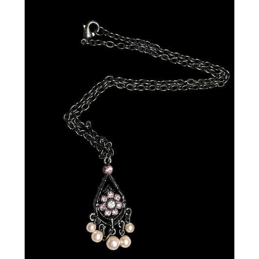 Vintage Whimsygoth Black Chain Necklace With Pink Rhinestone Flower Pendant & Dangling Faux Pearls