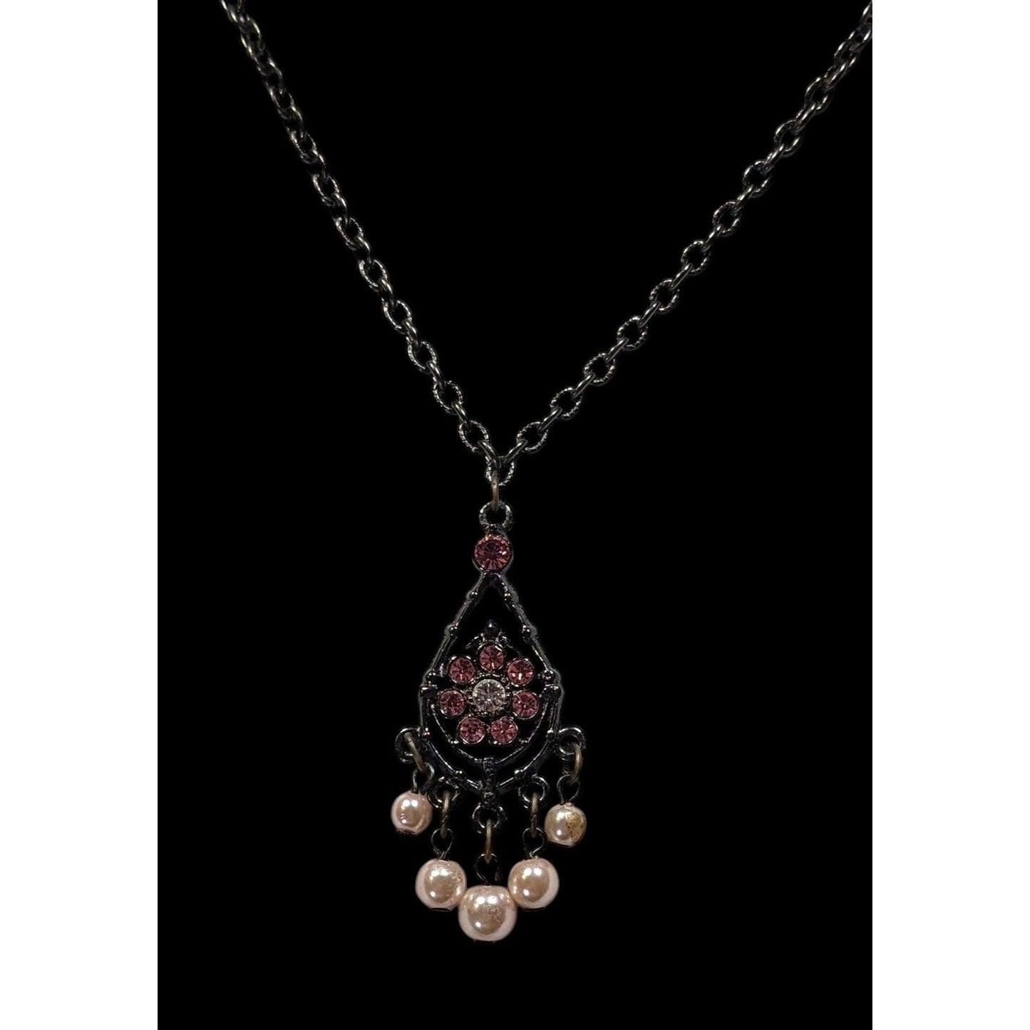 Vintage Whimsygoth Black Chain Necklace With Pink Rhinestone Flower Pendant & Dangling Faux Pearls