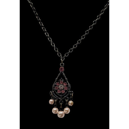 Vintage Whimsygoth Black Chain Necklace With Pink Rhinestone Flower Pendant & Dangling Faux Pearls