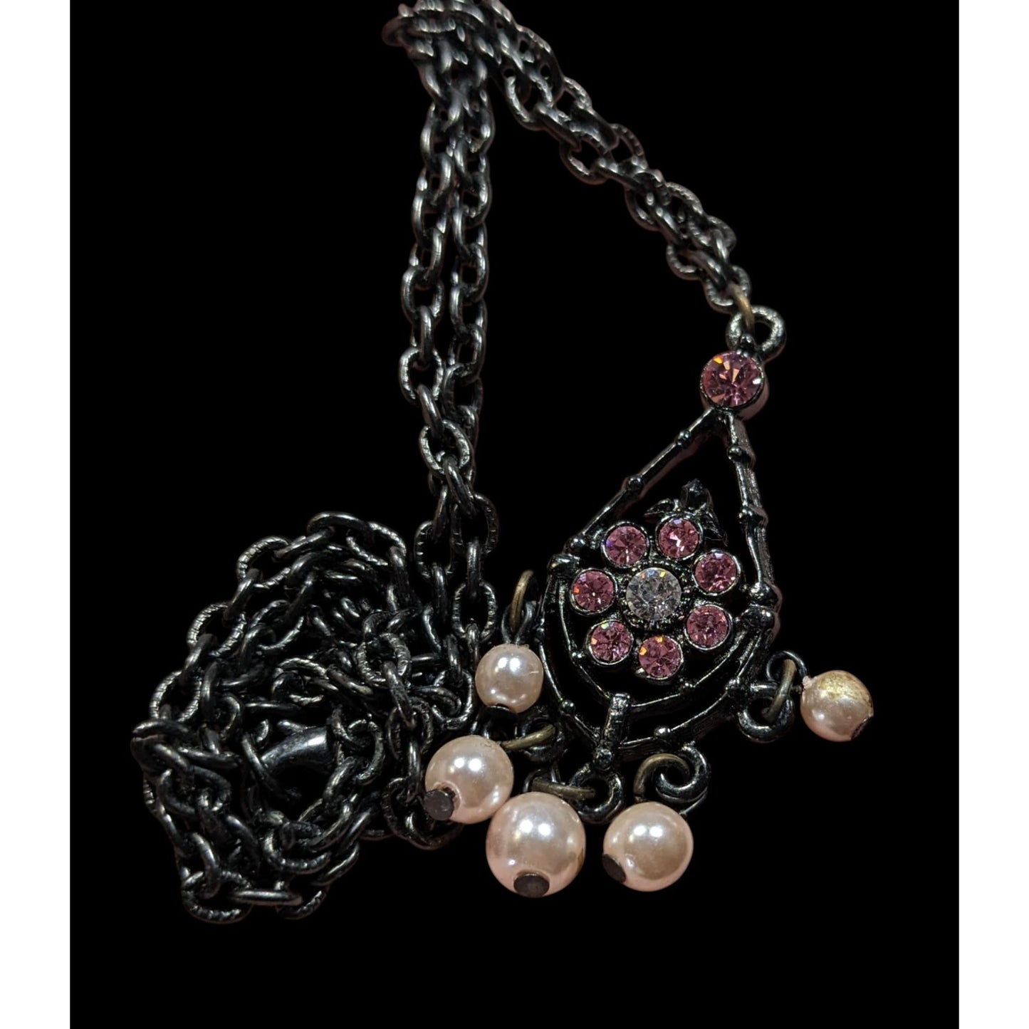 Vintage Whimsygoth Black Chain Necklace With Pink Rhinestone Flower Pendant & Dangling Faux Pearls