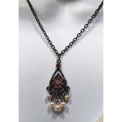 Vintage Whimsygoth Black Chain Necklace With Pink Rhinestone Flower Pendant & Dangling Faux Pearls