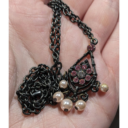 Vintage Whimsygoth Black Chain Necklace With Pink Rhinestone Flower Pendant & Dangling Faux Pearls