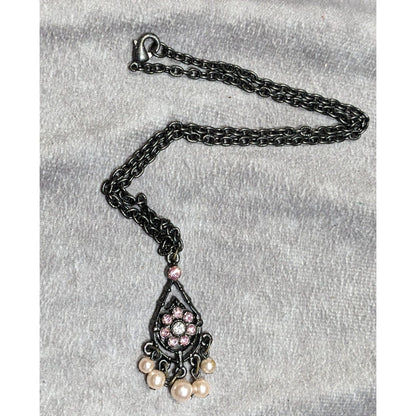 Vintage Whimsygoth Black Chain Necklace With Pink Rhinestone Flower Pendant & Dangling Faux Pearls