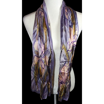 Abstract Floral Hand Painted Signed Purple Silk Art Scarf