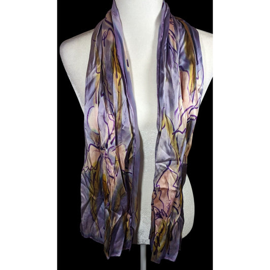 Abstract Floral Hand Painted Signed Purple Silk Art Scarf