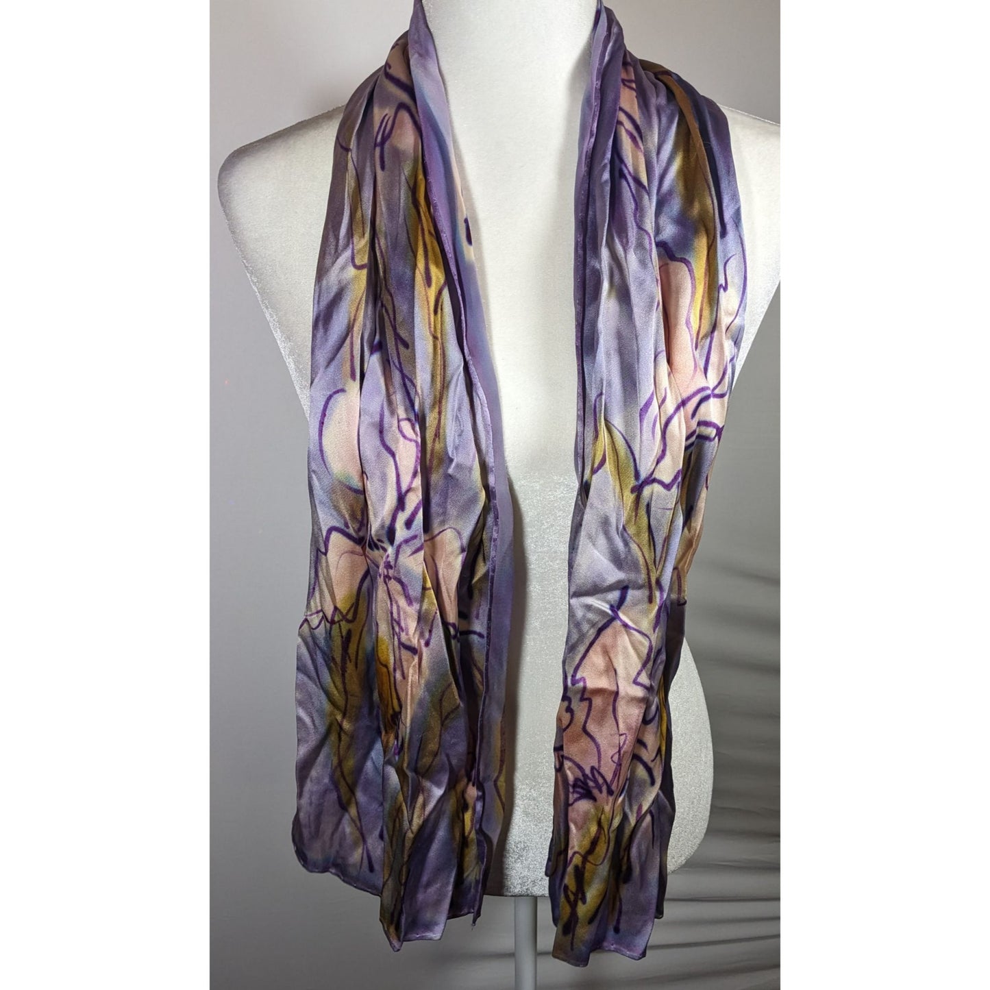 Abstract Floral Hand Painted Signed Purple Silk Art Scarf