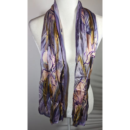 Abstract Floral Hand Painted Signed Purple Silk Art Scarf