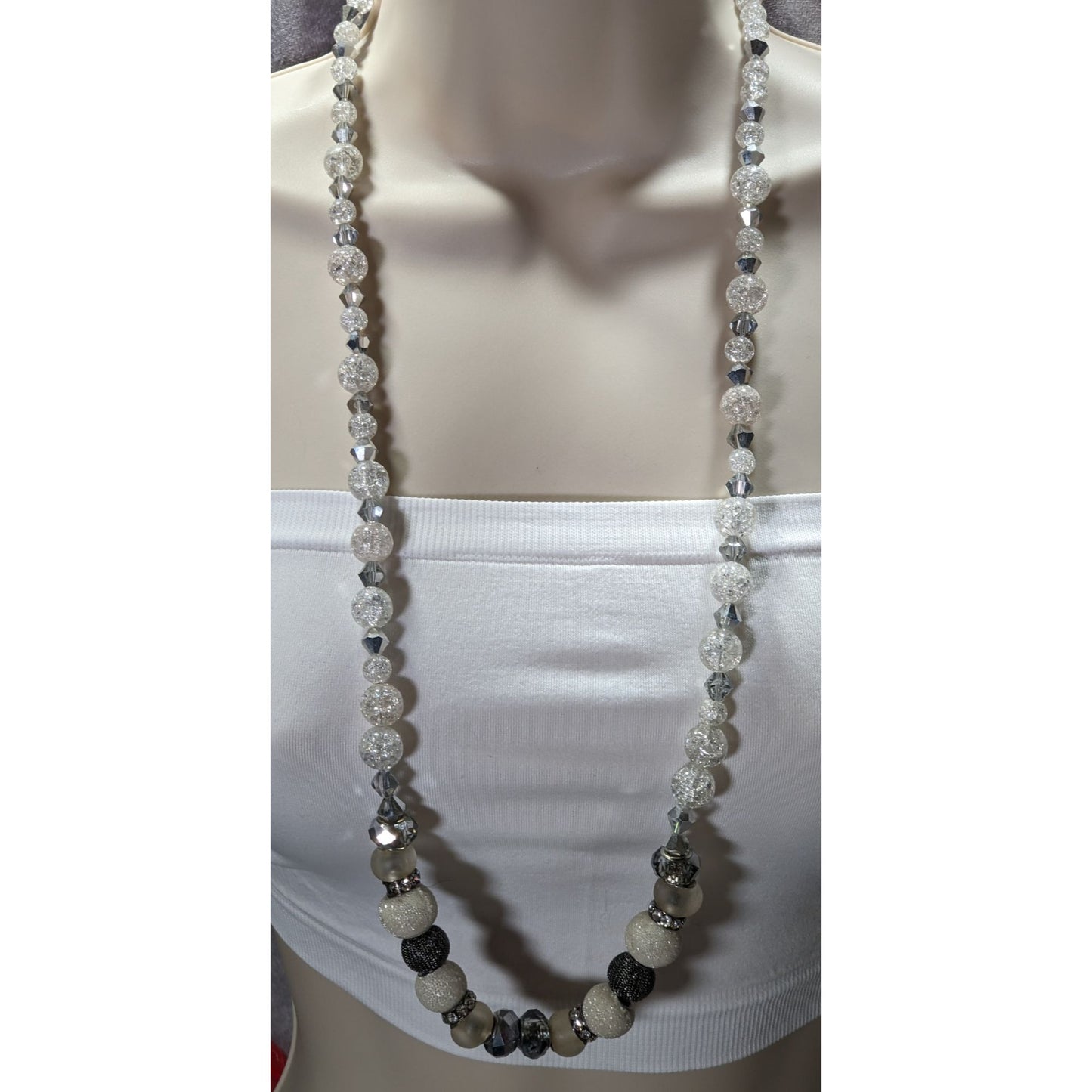 Handmade Glam White And Silver Tone Glass And Acrylic Necklace
