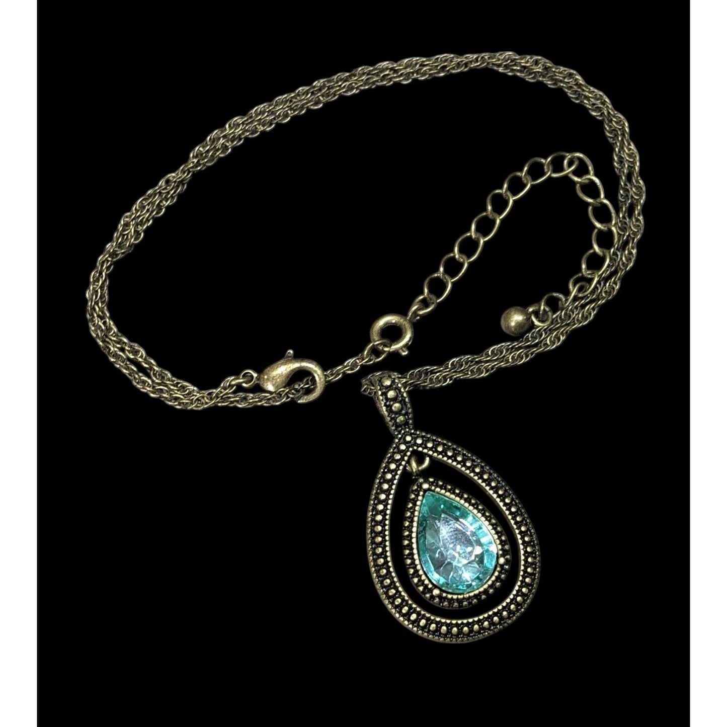 Whimsical Teardrop Blue Gemmed Gold Tone Pendant Necklace