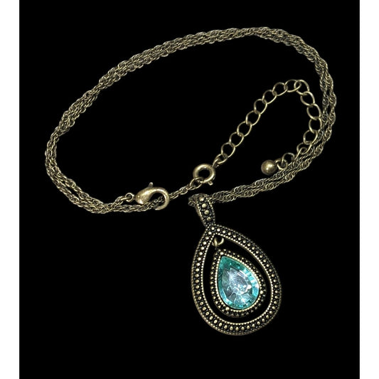 Whimsical Teardrop Blue Gemmed Gold Tone Pendant Necklace