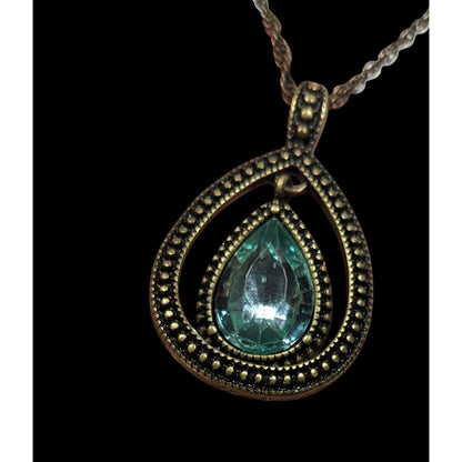 Whimsical Teardrop Blue Gemmed Gold Tone Pendant Necklace