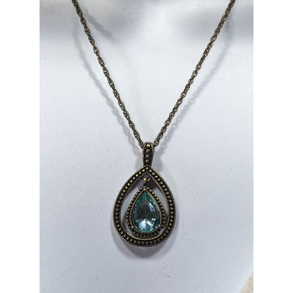 Whimsical Teardrop Blue Gemmed Gold Tone Pendant Necklace