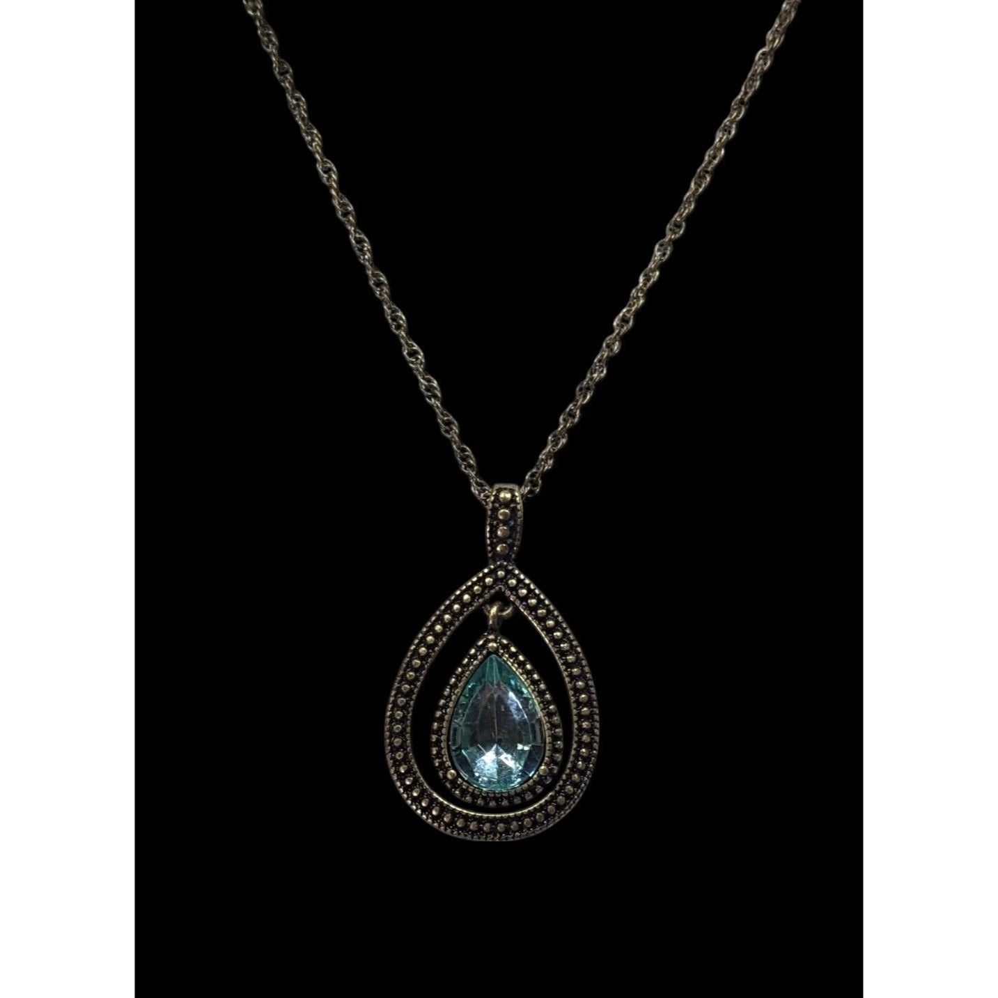 Whimsical Teardrop Blue Gemmed Gold Tone Pendant Necklace