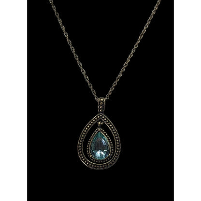 Whimsical Teardrop Blue Gemmed Gold Tone Pendant Necklace