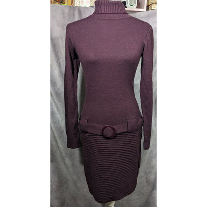 Venus Retro Purple Belted Turtleneck Sweater Dress