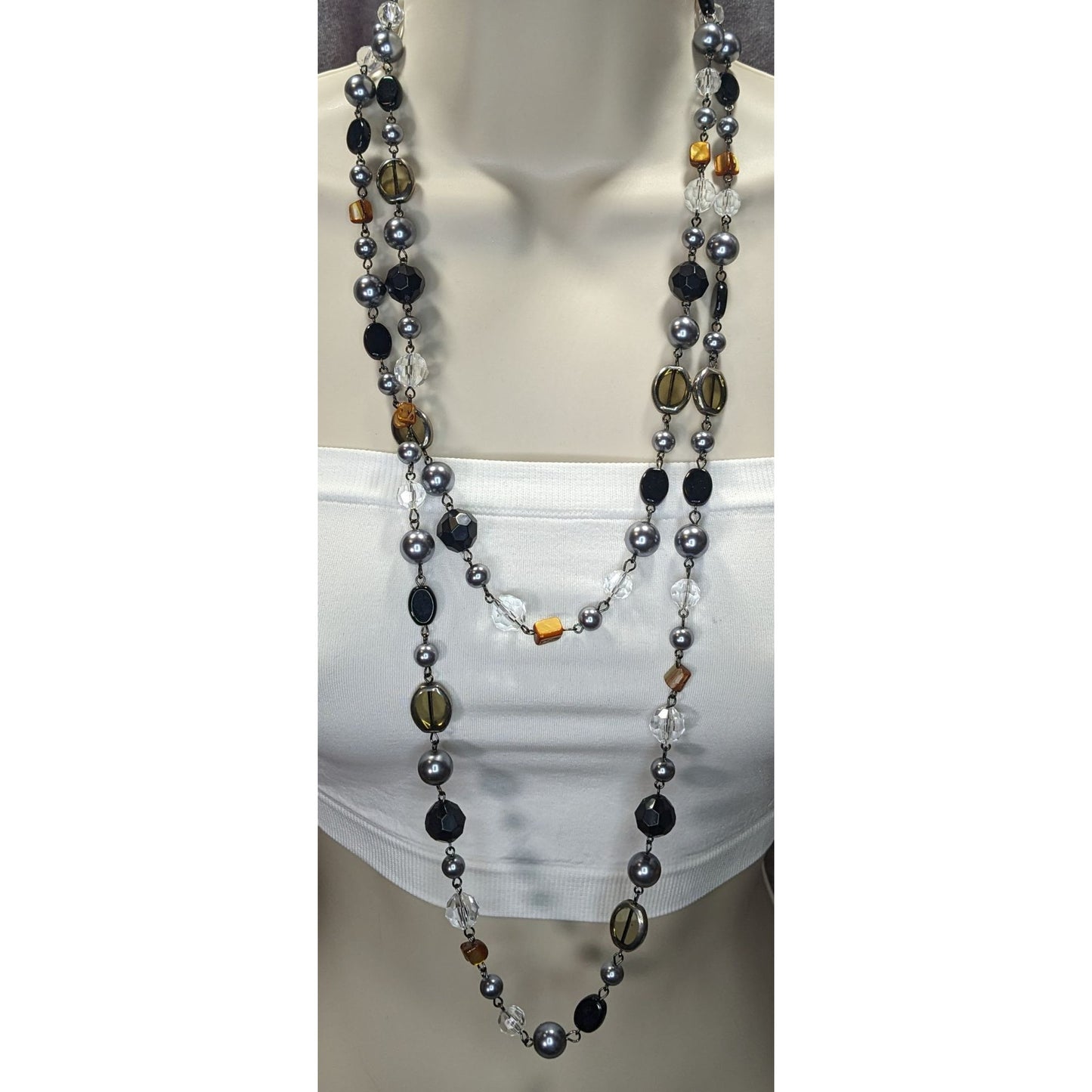 Premier Designs Vintae Beaded Multi-Stone Necklace With Glass Shell And Faux Pearls