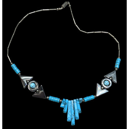 Vintage Southwestern Hematite Liquid Silver And Faux Turquoise Necklace
