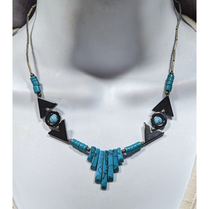 Vintage Southwestern Hematite Liquid Silver And Faux Turquoise Necklace