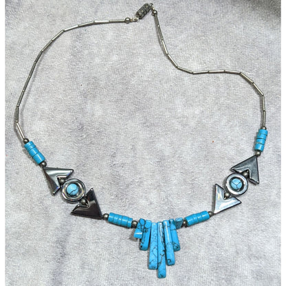 Vintage Southwestern Hematite Liquid Silver And Faux Turquoise Necklace