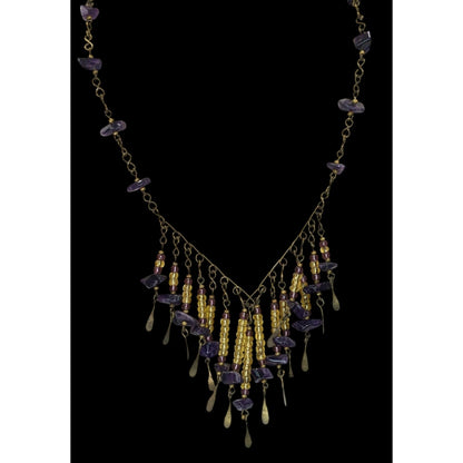 Vintage Bohemian Handmade Amethyst & Glass Beaded Necklace With Brass Accents